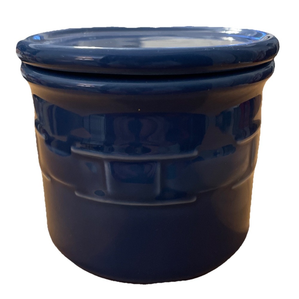 Longaberger Woven Traditions Cornflower Blue Pottery Salt Butter‎ Crock w/ Lid